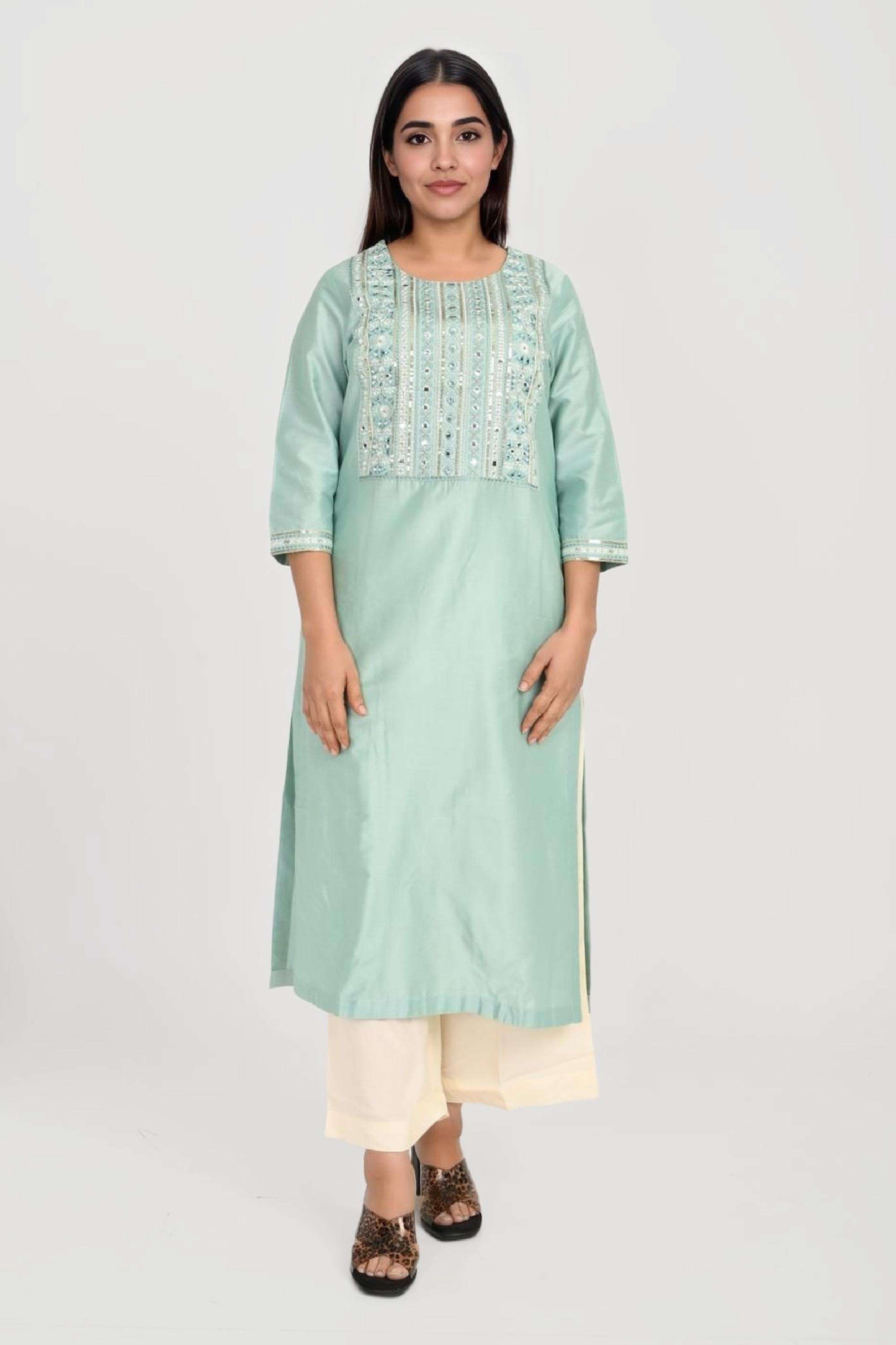 Solid-Blended-Fabric-Round-Neck-Women-Fusion-Wear-Kurta