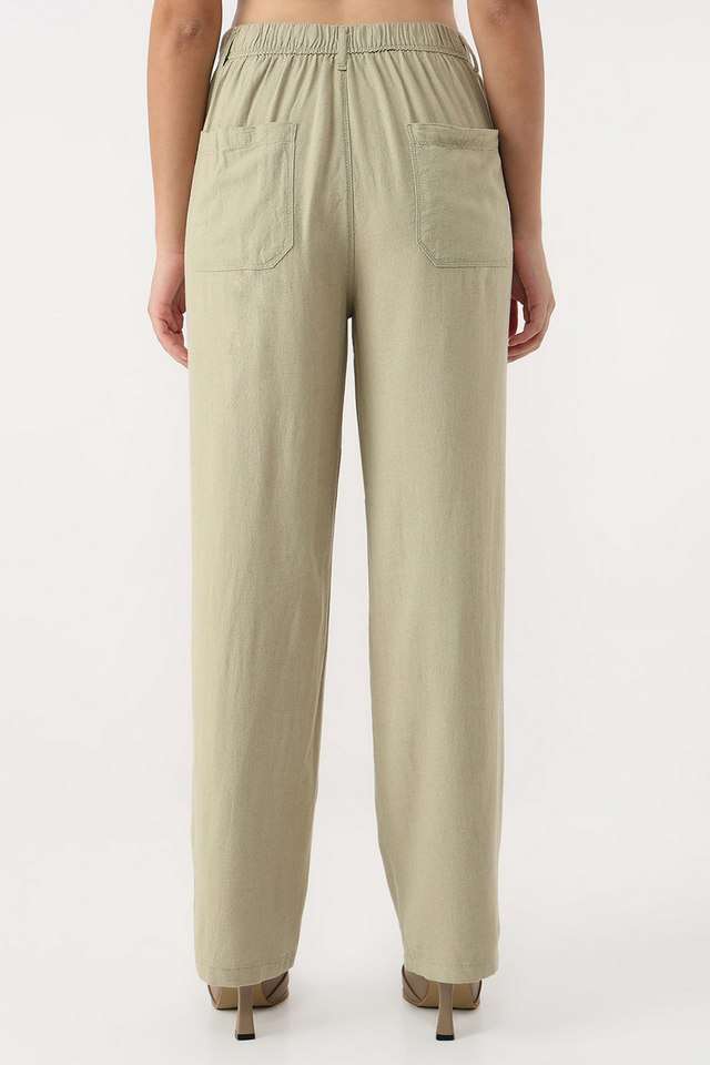 Solid-Straight-Fit-Blended-Fabric-Women-s-Casual-Wear-Trousers
