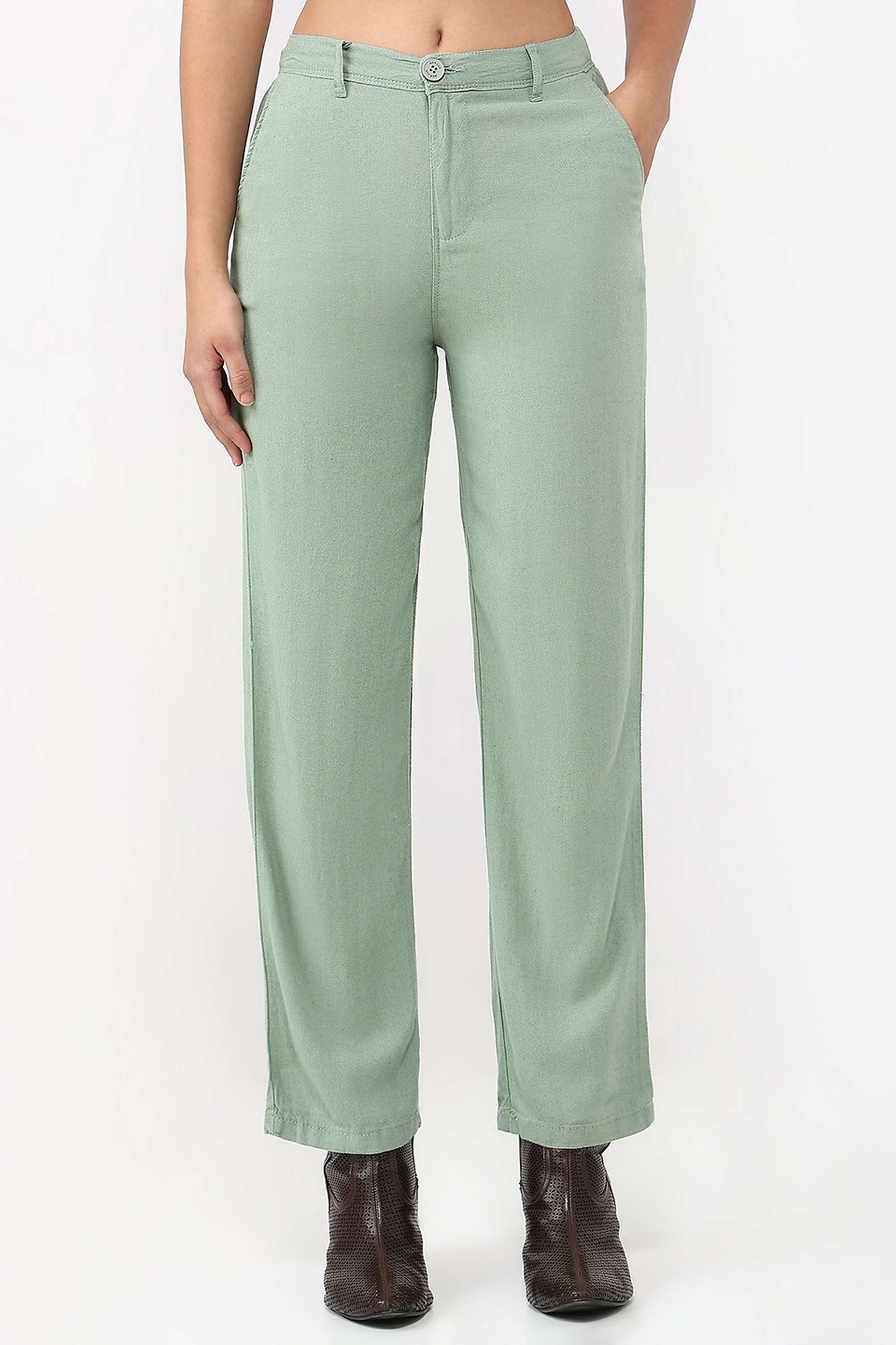 Solid-Straight-Fit-Blended-Fabric-Women-s-Casual-Wear-Trousers