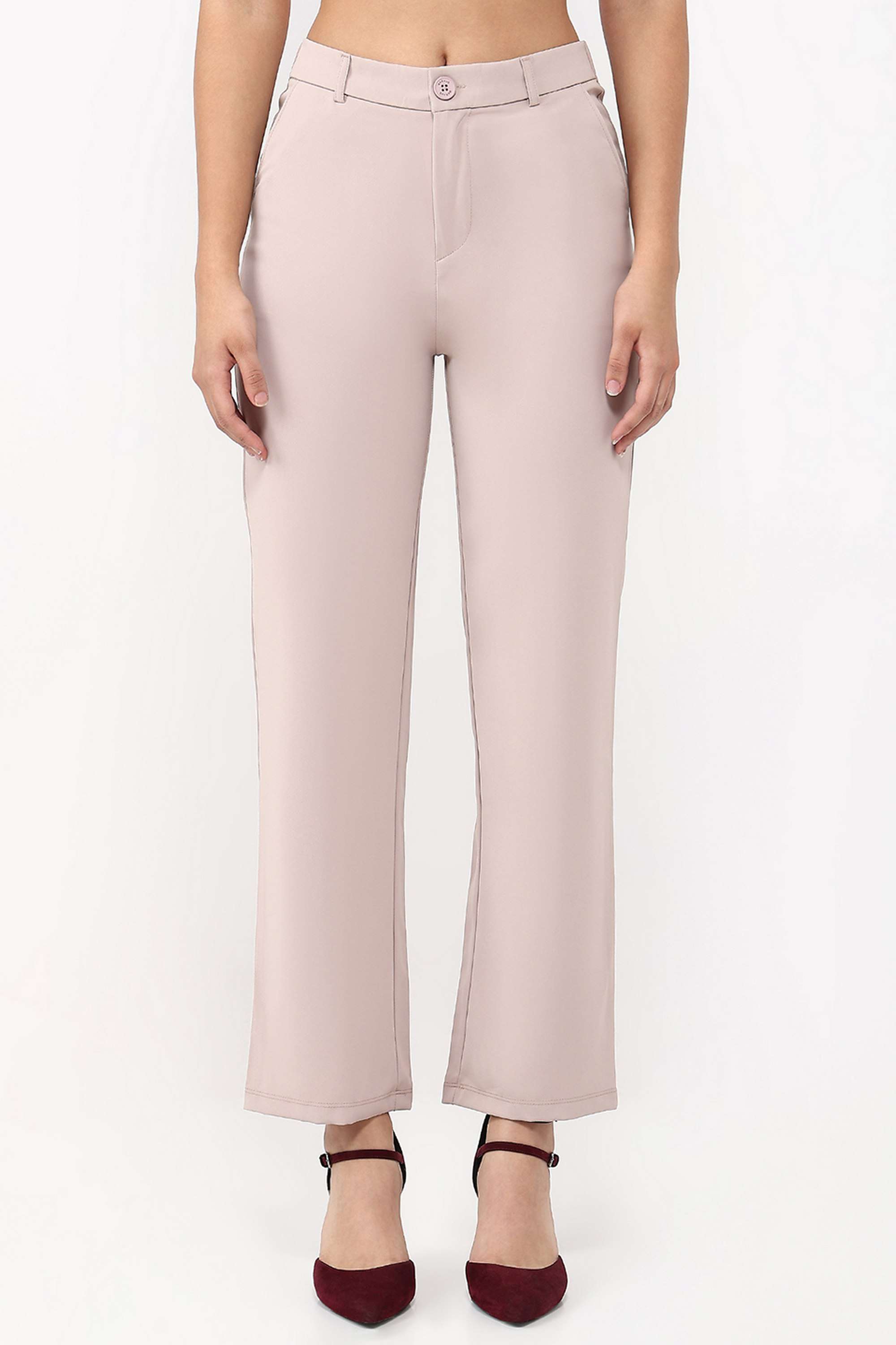 Solid-Straight-Fit-Blended-Fabric-Women-s-Casual-Wear-Trousers