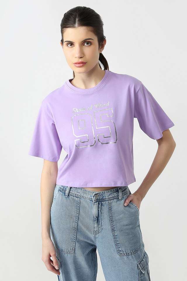 Graphic-Print-Blended-Fabric-Round-Neck-Women-s-T-Shirt
