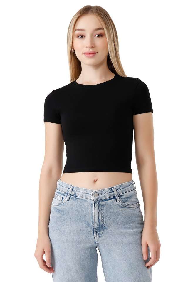 Solid-Blended-Fabric-Round-Neck-Women-s-T-Shirt