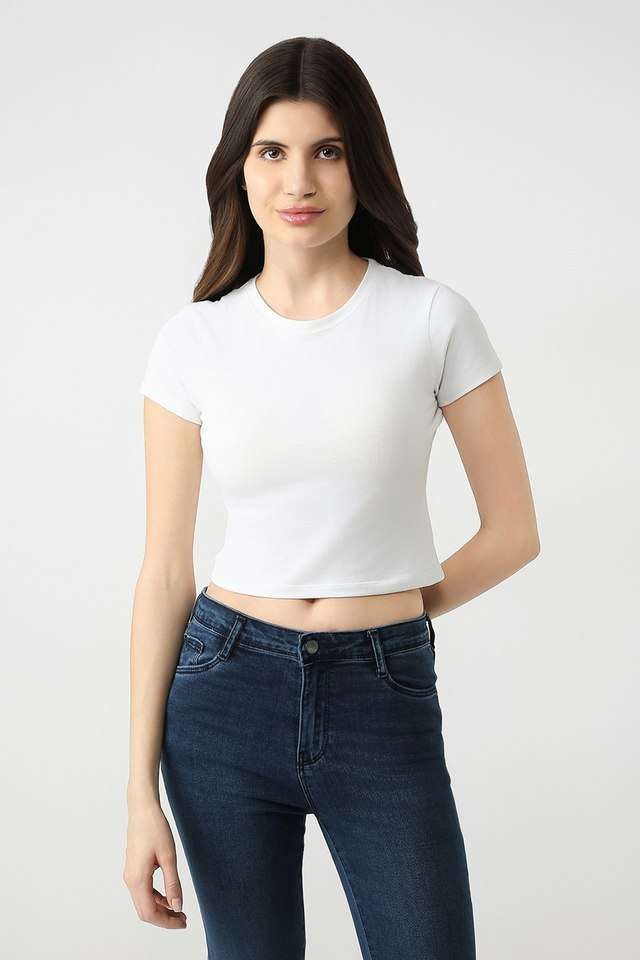 Solid-Blended-Fabric-Round-Neck-Women-s-T-Shirt