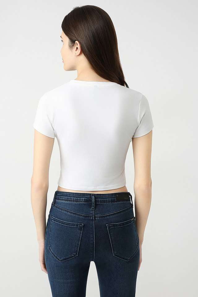 Solid-Blended-Fabric-Round-Neck-Women-s-T-Shirt