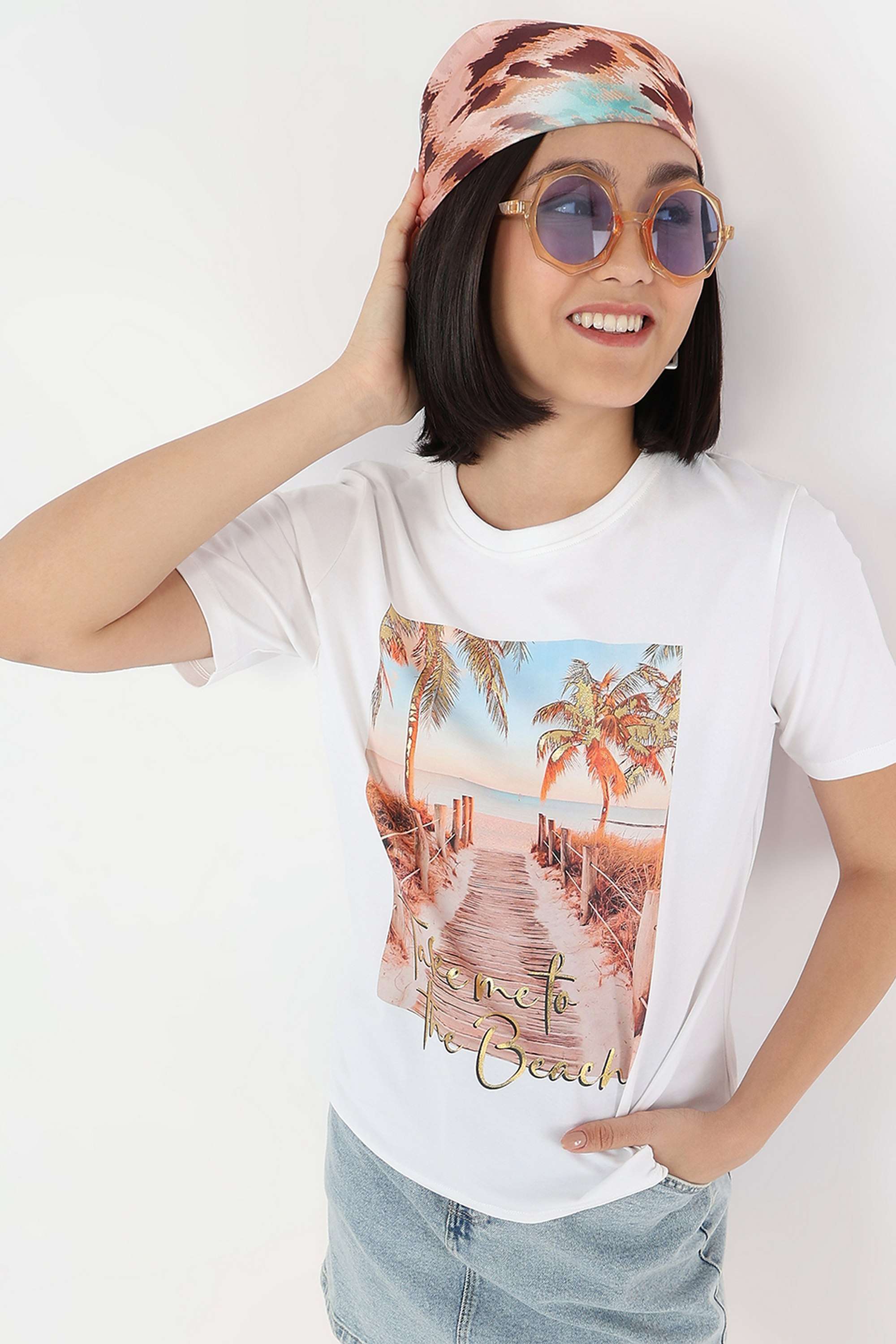 Printed-Round-Neck-Blended-Fabric-Women-s-Casual-Wear-T-Shirt