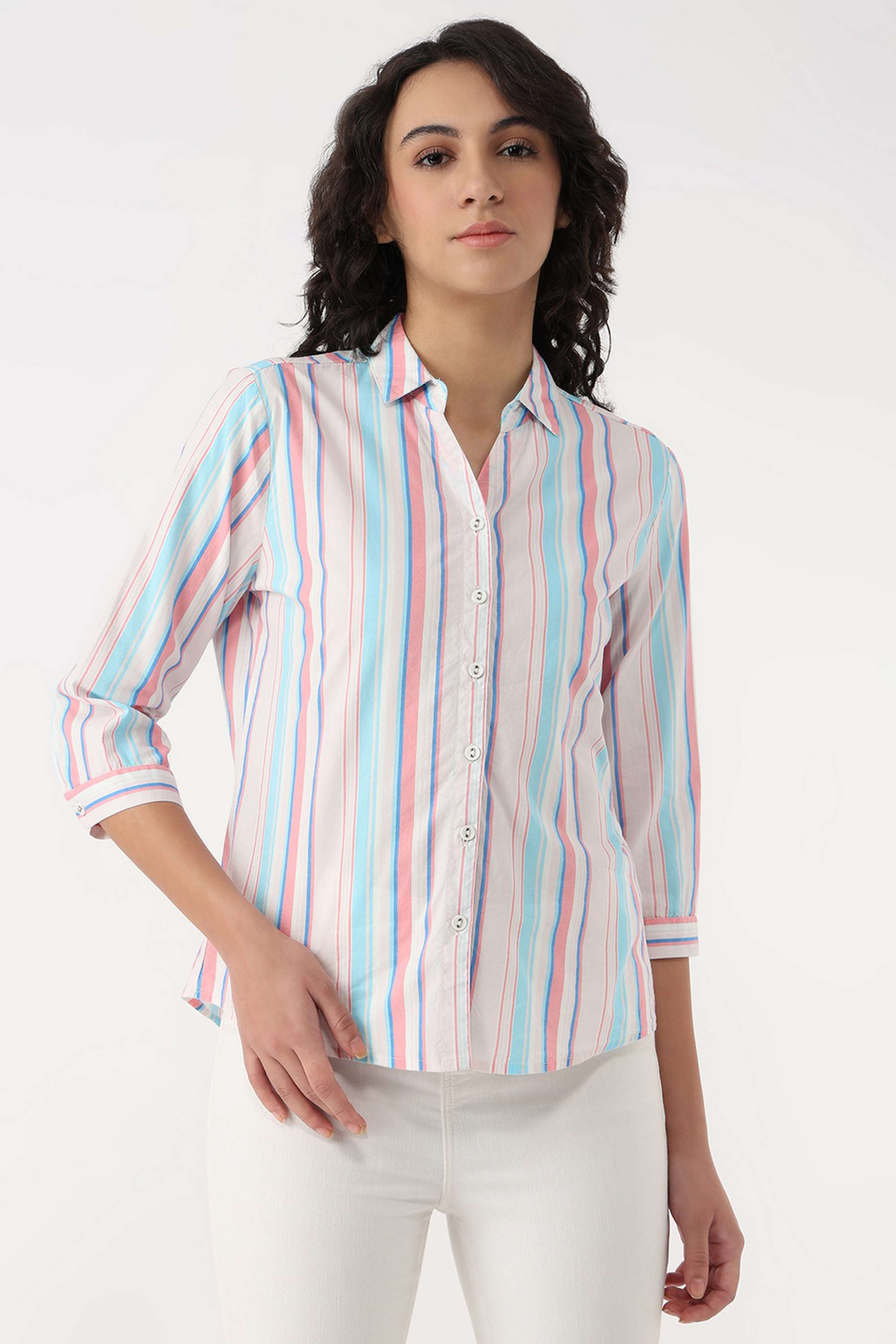 Stripes-Collared-Blended-Fabric-Women-s-Casual-Wear-Shirt