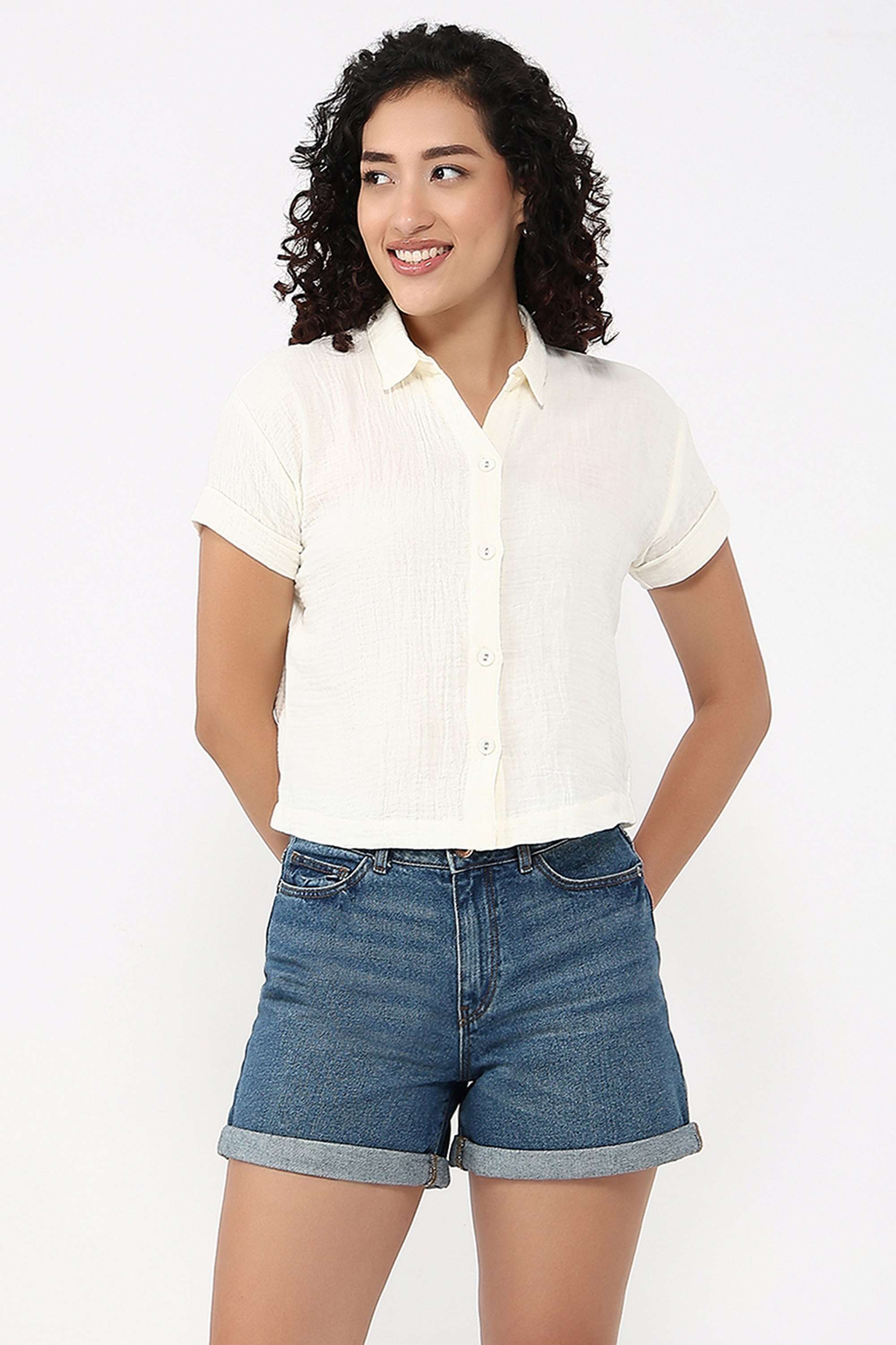 Solid-Collared-Blended-Fabric-Women-s-Casual-Wear-Shirt