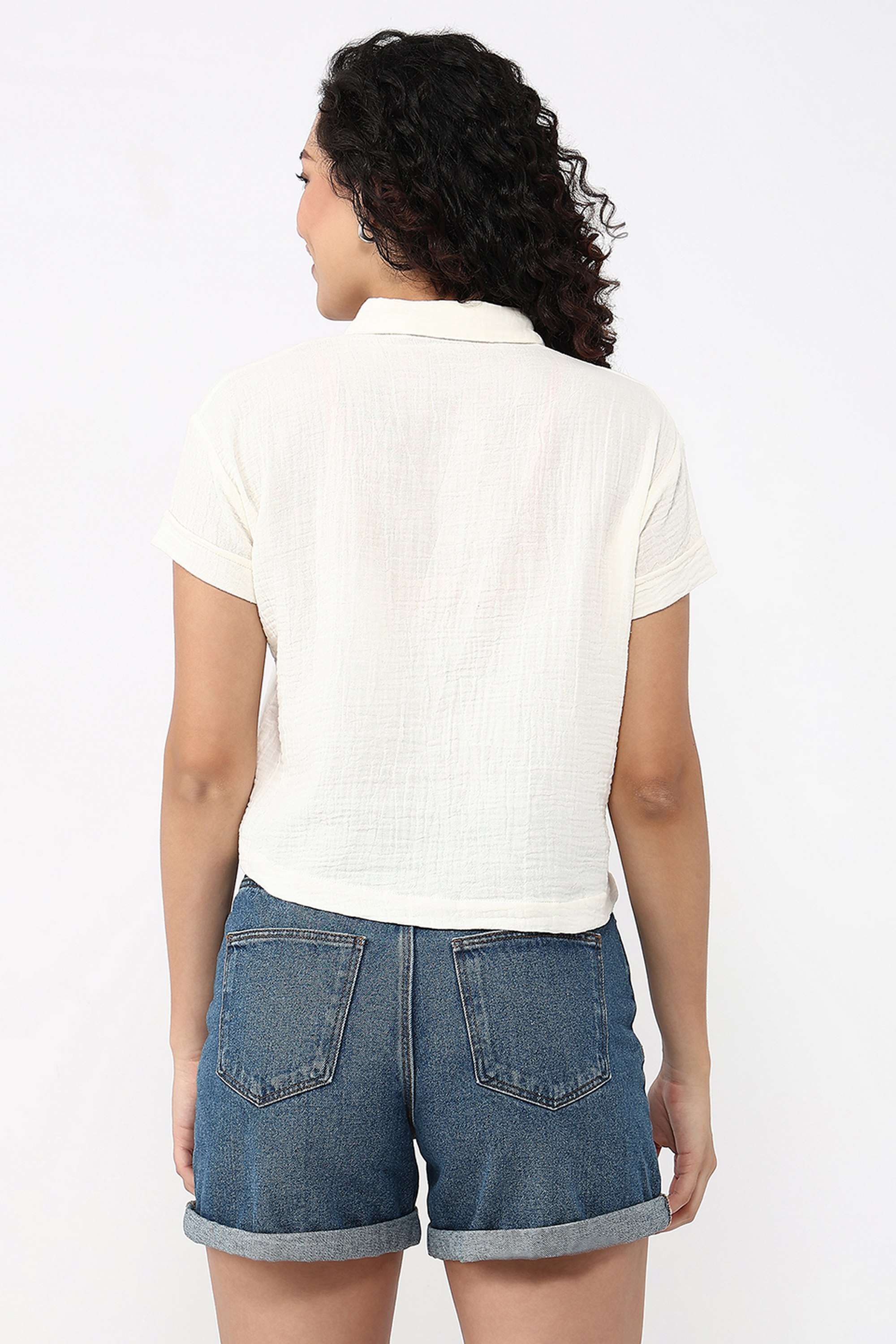 Solid-Collared-Blended-Fabric-Women-s-Casual-Wear-Shirt