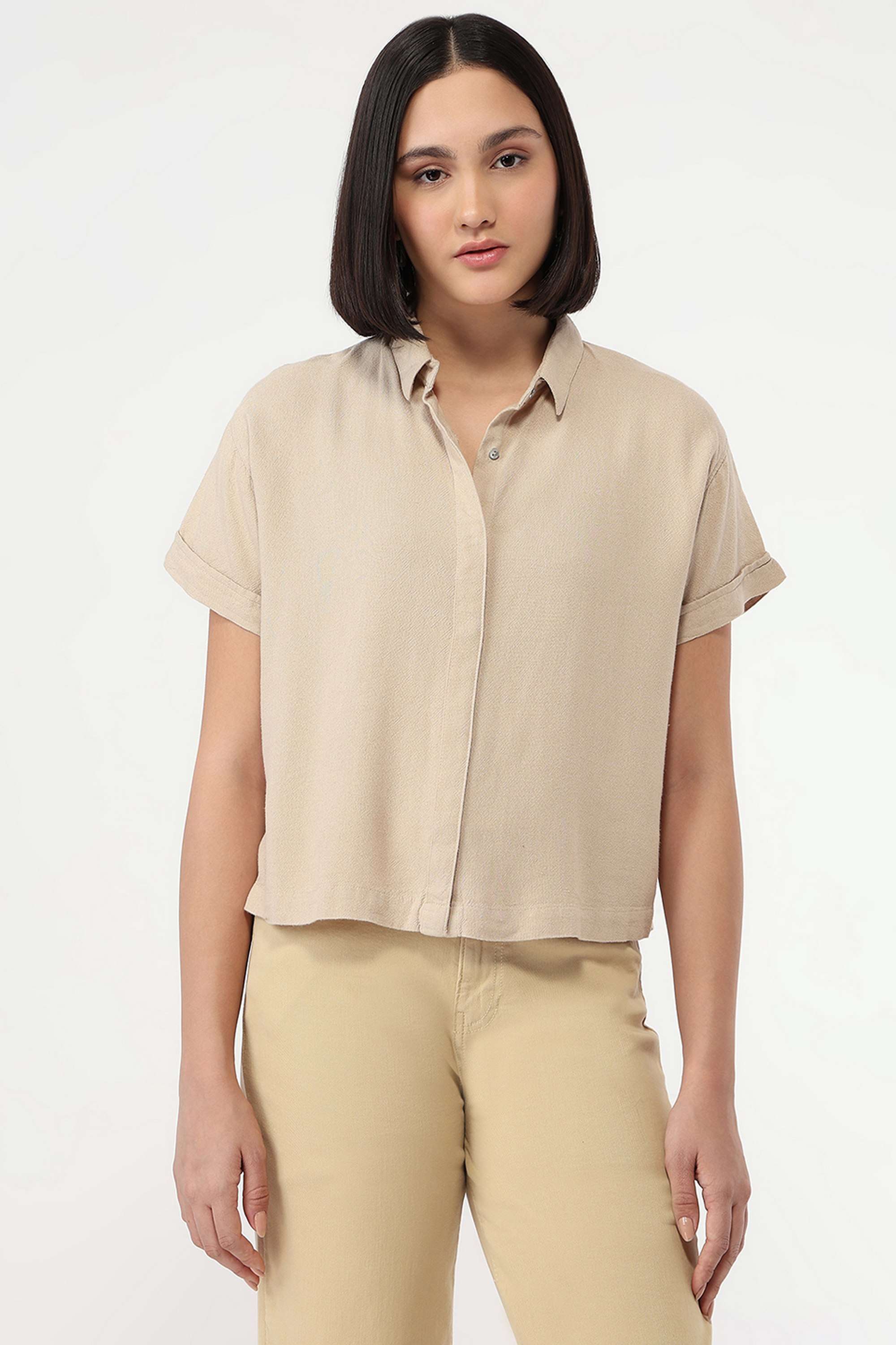 Solid-Collared-Blended-Fabric-Women-s-Casual-Wear-Shirt