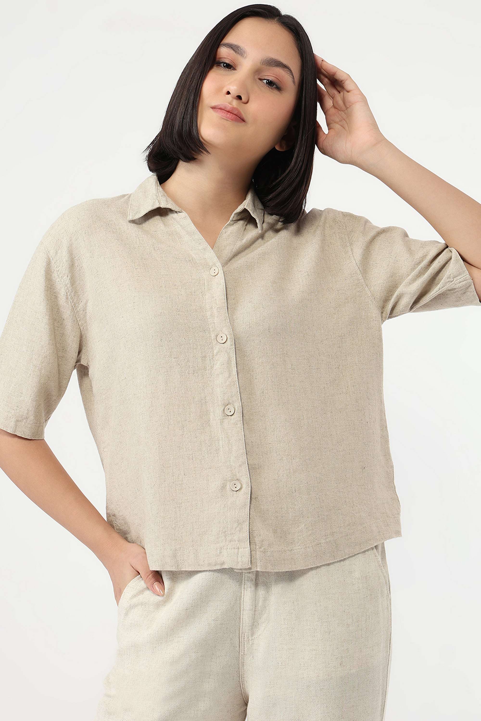 Solid-Collared-Blended-Fabric-Women-s-Casual-Wear-Shirt