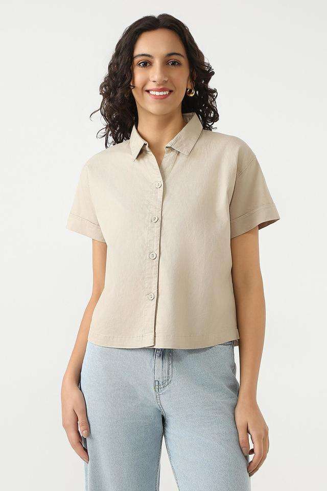 Solid-Blended-Fabric-Slim-Fit-Women-s-Casual-Shirt