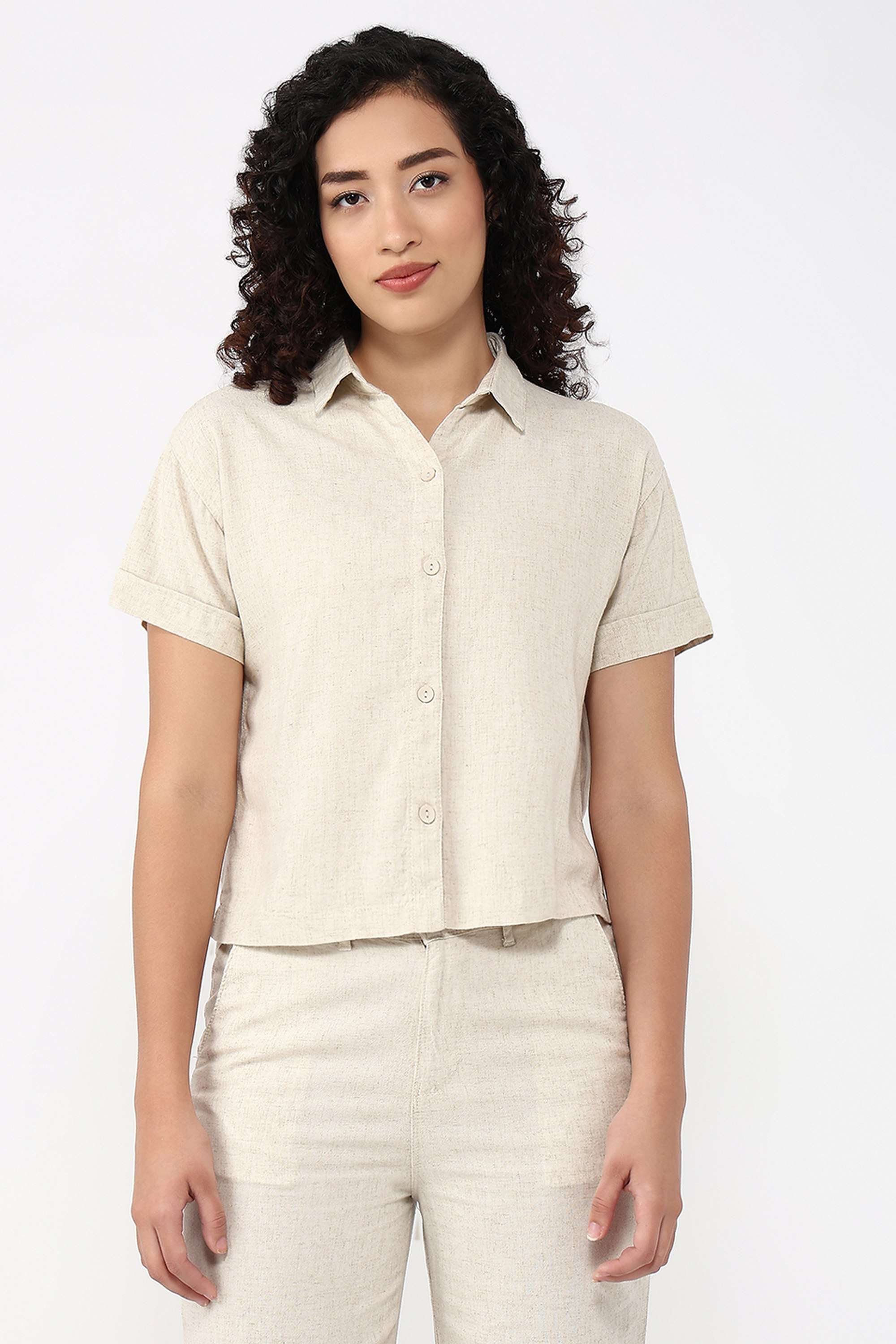 Solid-Collared-Blended-Fabric-Women-s-Casual-Wear-Shirt
