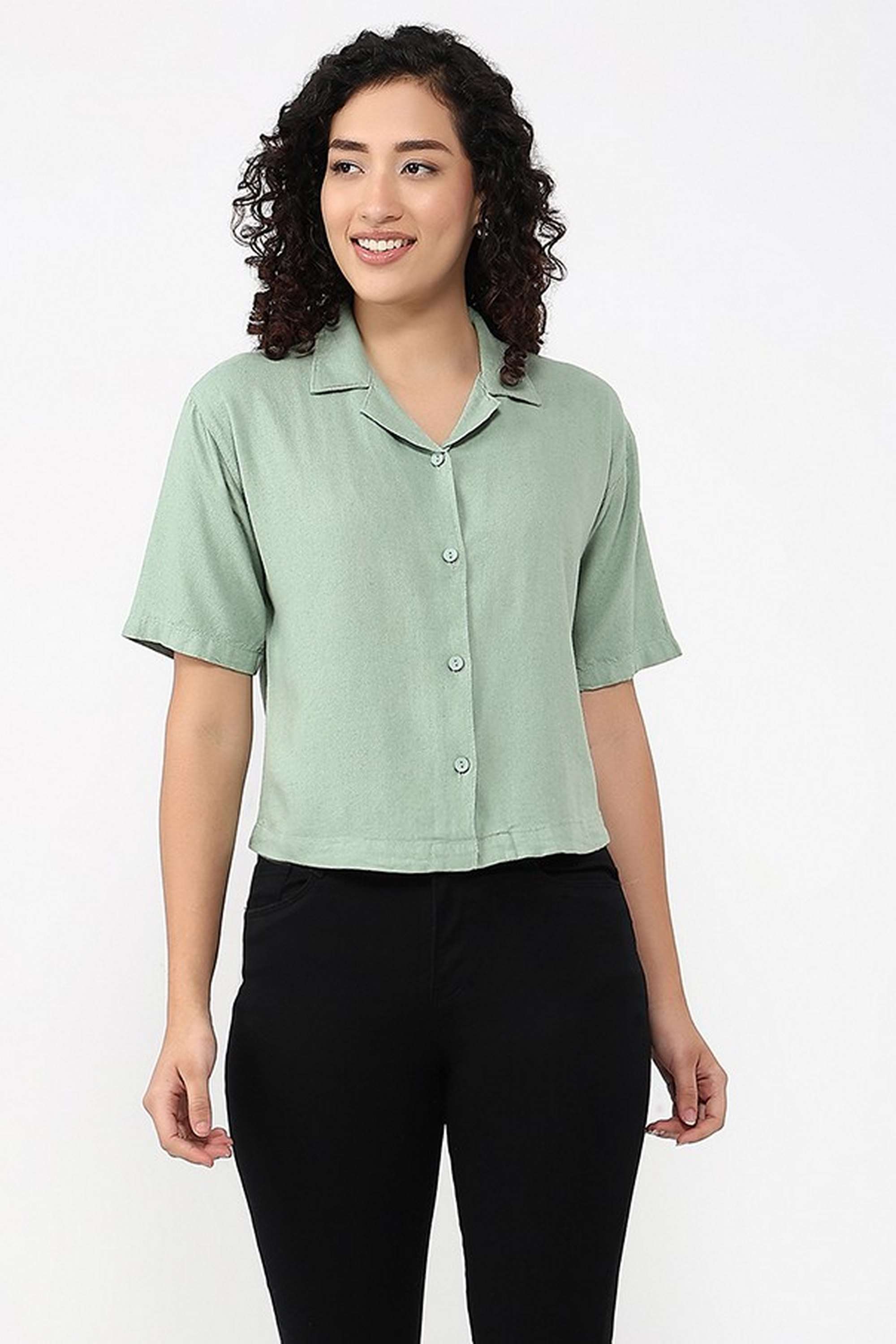 Solid-Collared-Blended-Fabric-Women-s-Casual-Wear-Shirt