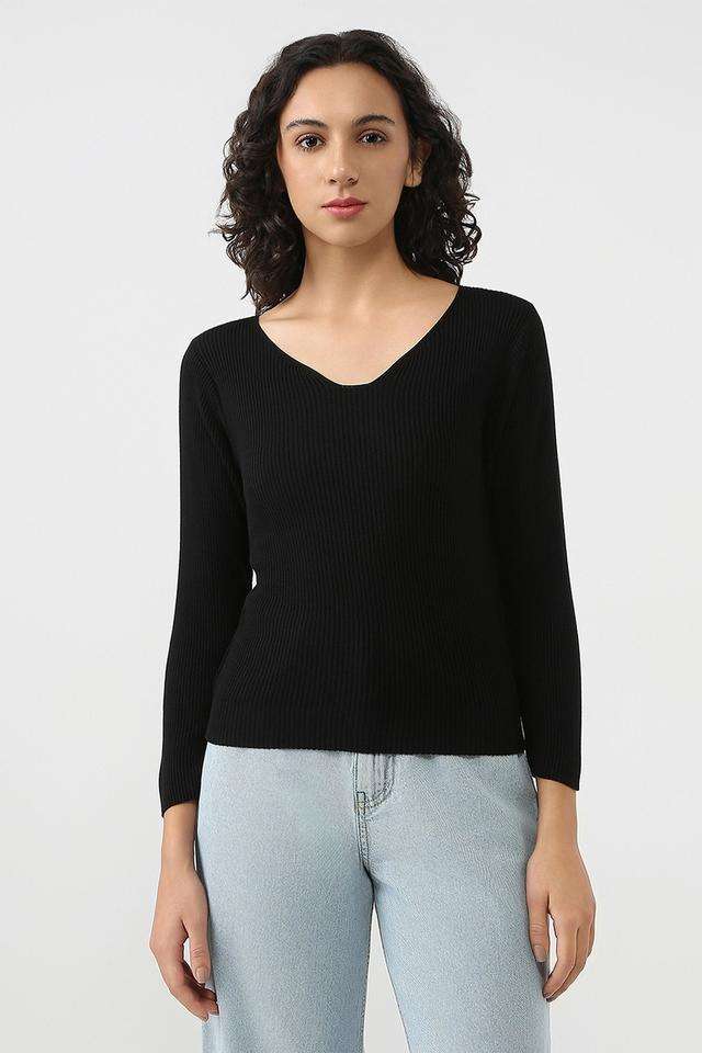 Solid-Blended-Fabric-V-Neck-Women-s-Top