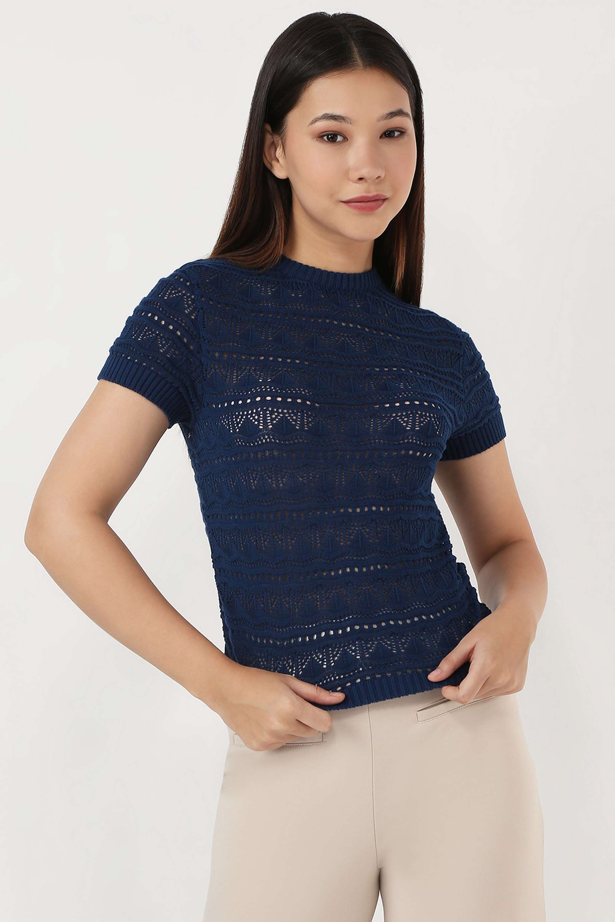Solid-Blended-Fabric-Round-Neck-Women-s-Top