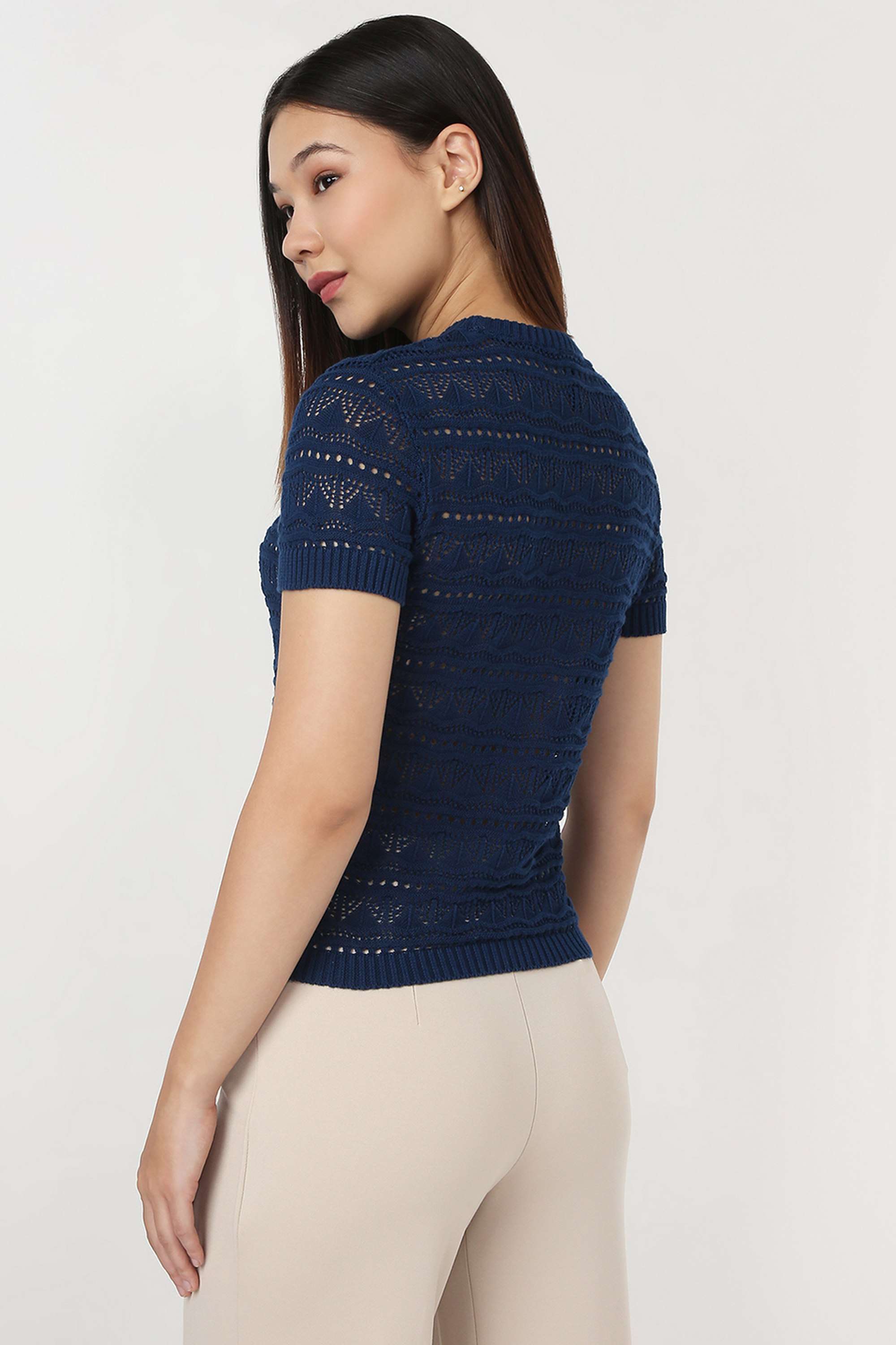 Solid-Blended-Fabric-Round-Neck-Women-s-Top