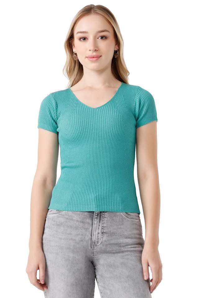Solid-Blended-Fabric-V-Neck-Women-s-Top