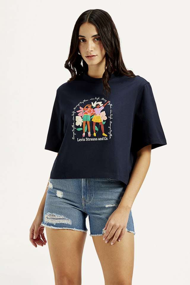 Graphic-Print-Blended-Fabric-Relaxed-Fit-Women-s-T-Shirt