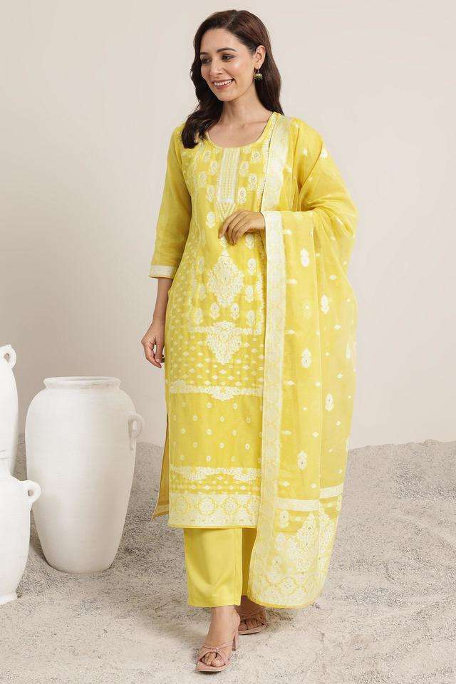 Textured-Calf-Length-Chanderi-Woven-Women-s-Kurta-Set