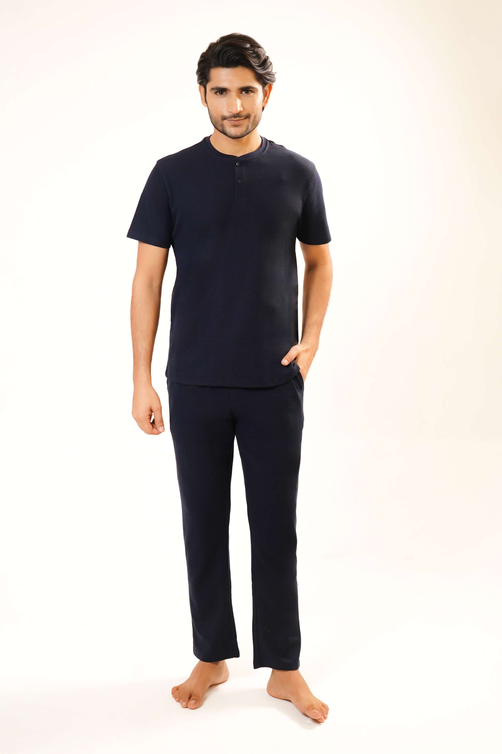 Solid-Henley-Blended-Fabric-Men-s-Co-Ord-Set