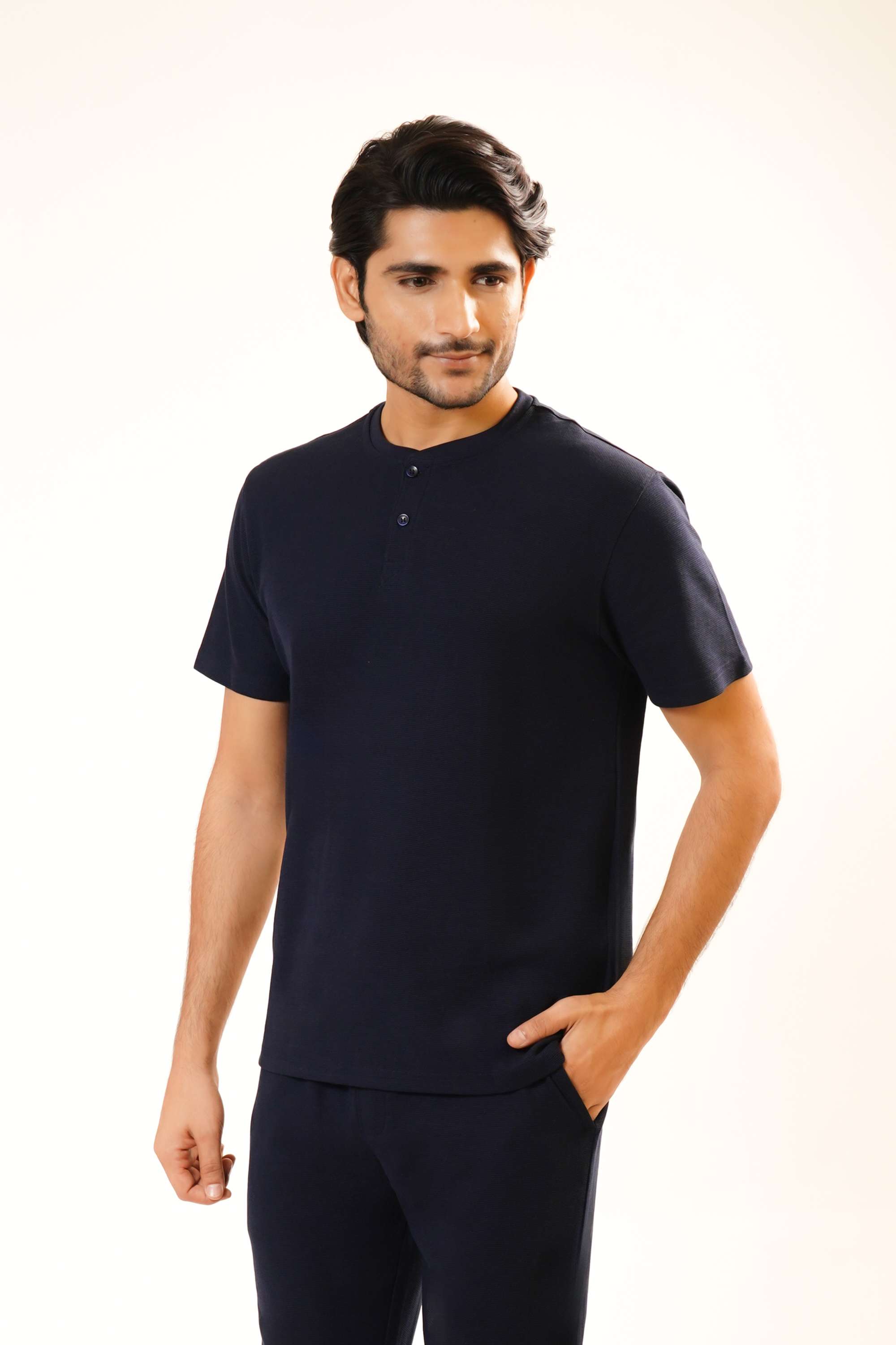 Solid-Henley-Blended-Fabric-Men-s-Co-Ord-Set