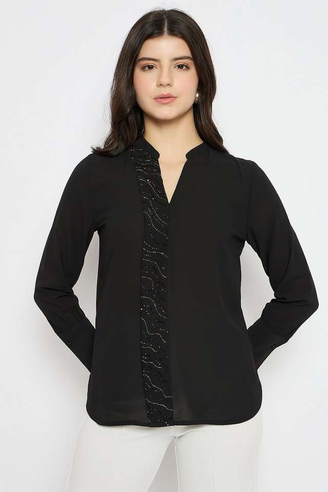 Solid-Polyester-Collared-Women-s-Top