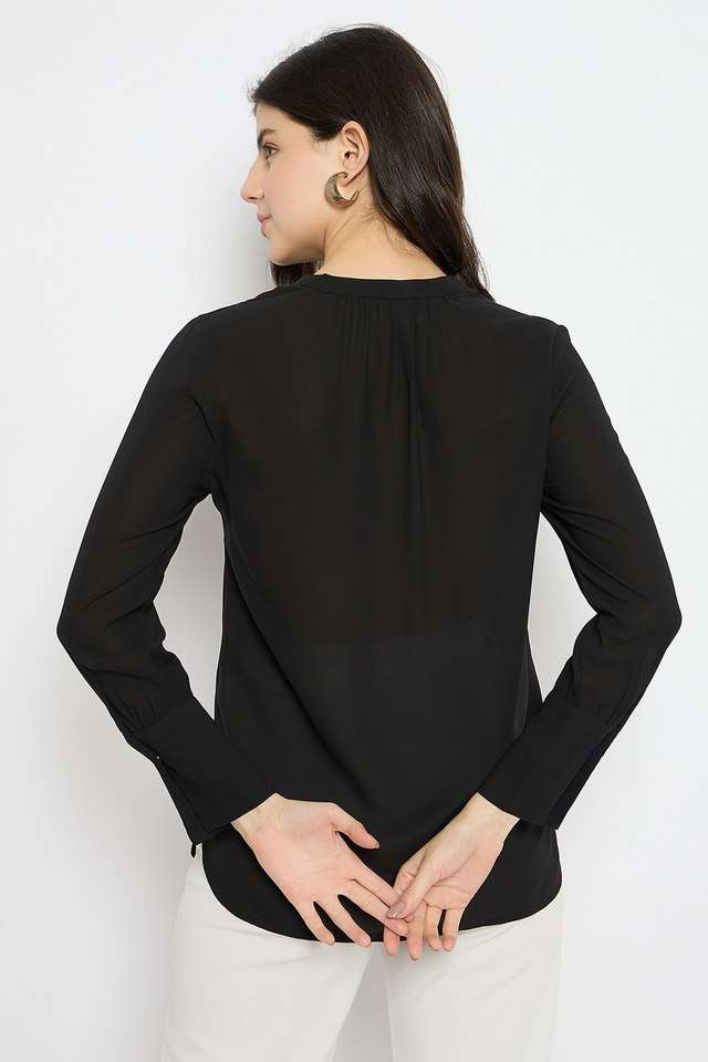 Solid-Polyester-Collared-Women-s-Top
