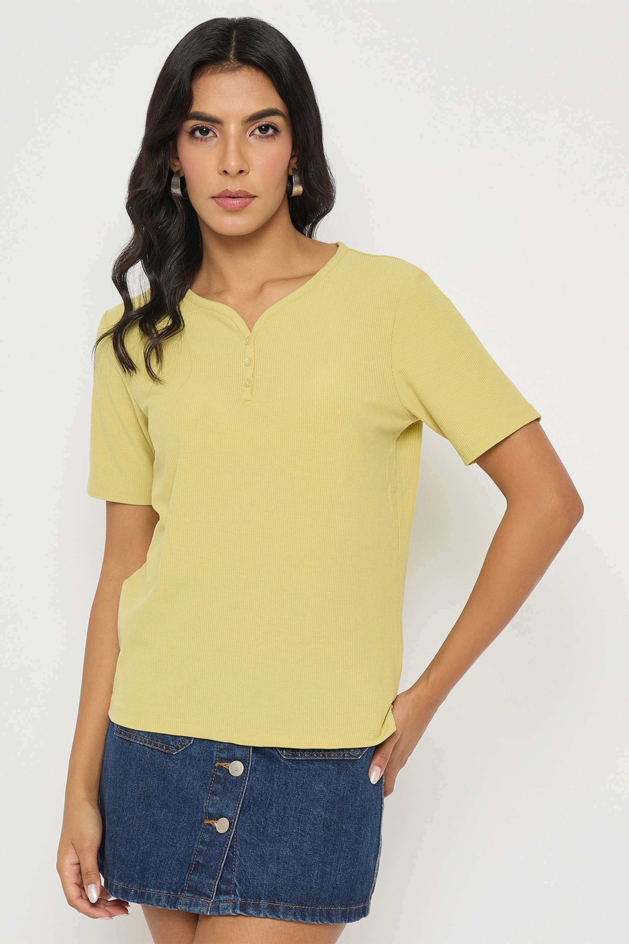 Textured-Polyester-V-Neck-Women-s-T-Shirt