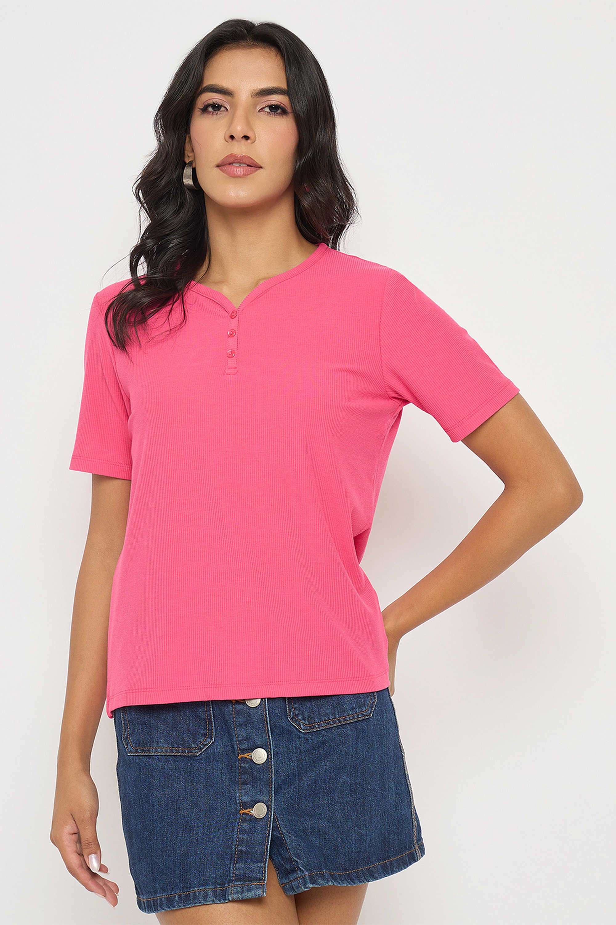 Textured-Polyester-V-Neck-Women-s-T-Shirt