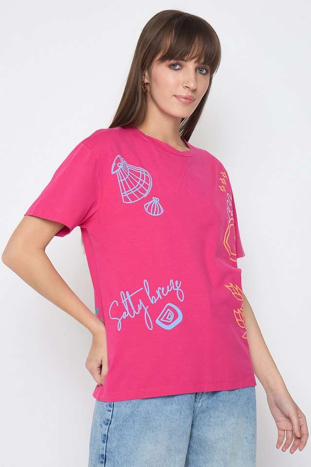 Buy Madame Dark Pink Graphic Print Cotton Round Neck Women's T