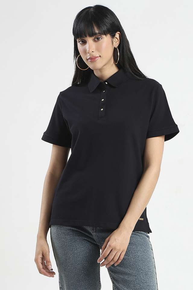 Solid-Cotton-Collared-Women-s-T-Shirt
