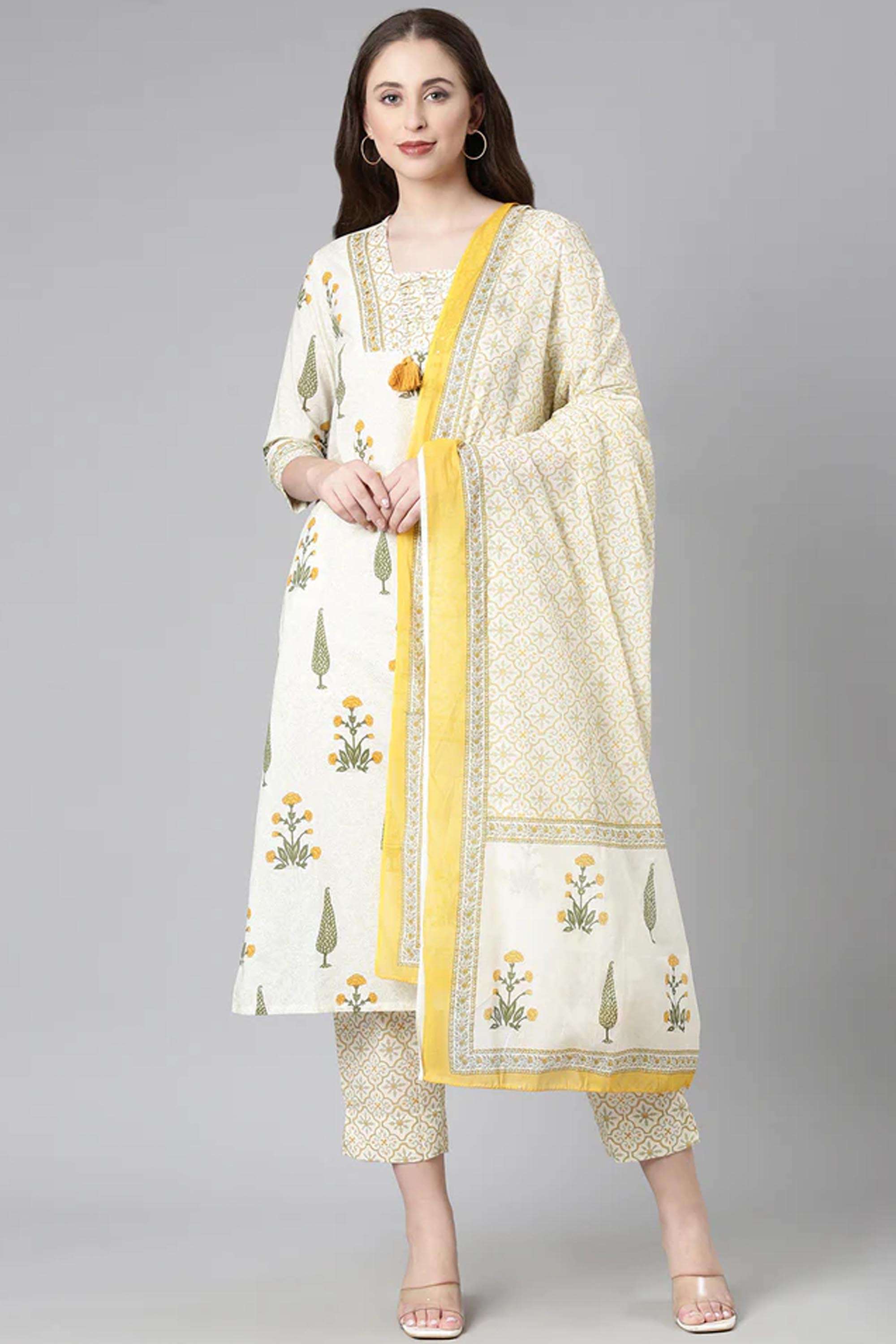 Printed-Cotton-V-Neck-Women-s-Casual-Wear-Kurta-Set