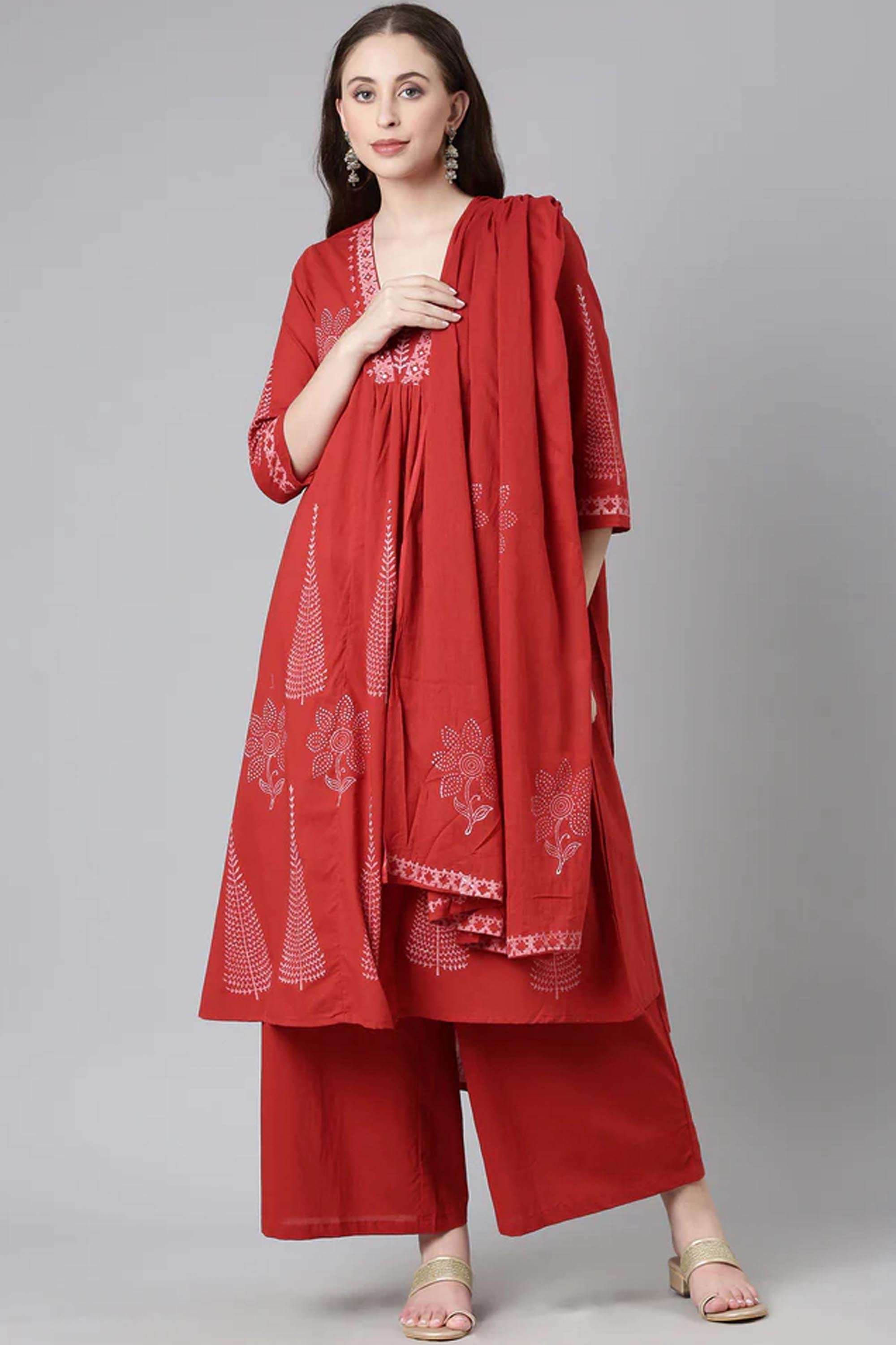 Printed-Cotton-V-Neck-Women-s-Casual-Wear-Kurta-Set