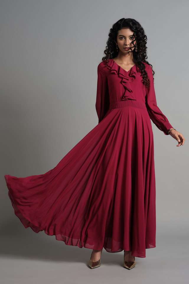 Solid-V-Neck-Polyester-Women-s-Gown