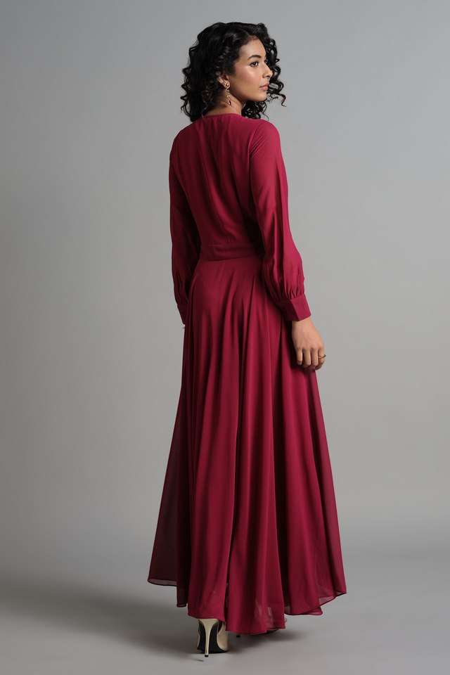 Solid-V-Neck-Polyester-Women-s-Gown