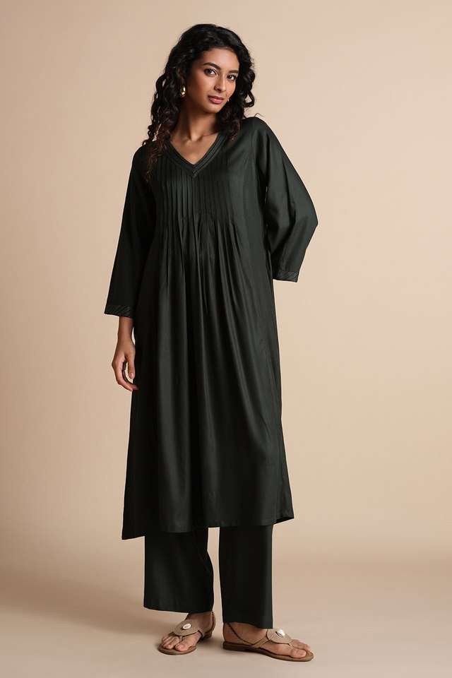 Solid-Viscose-V-Neck-Women-s-Casual-Wear-Kurta