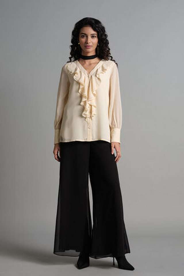 Solid-Polyester-V-Neck-Women-s-Top