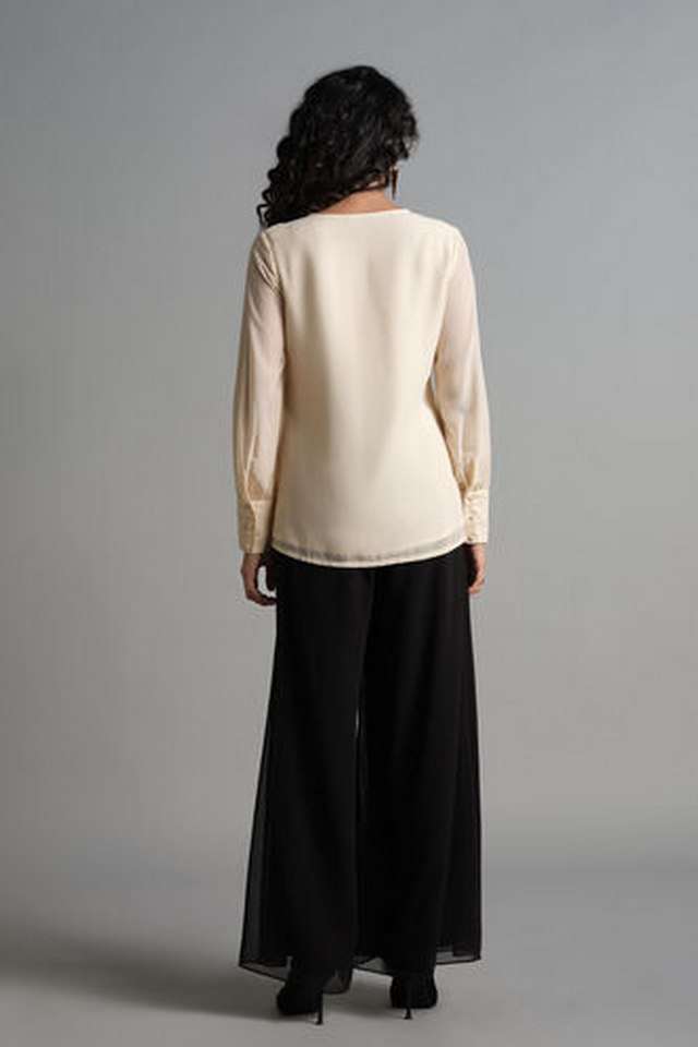 Solid-Polyester-V-Neck-Women-s-Top