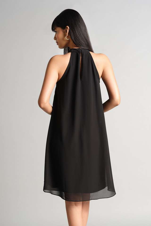 Solid-Halter-Neck-Polyester-Women-s-Knee-Length-Dress
