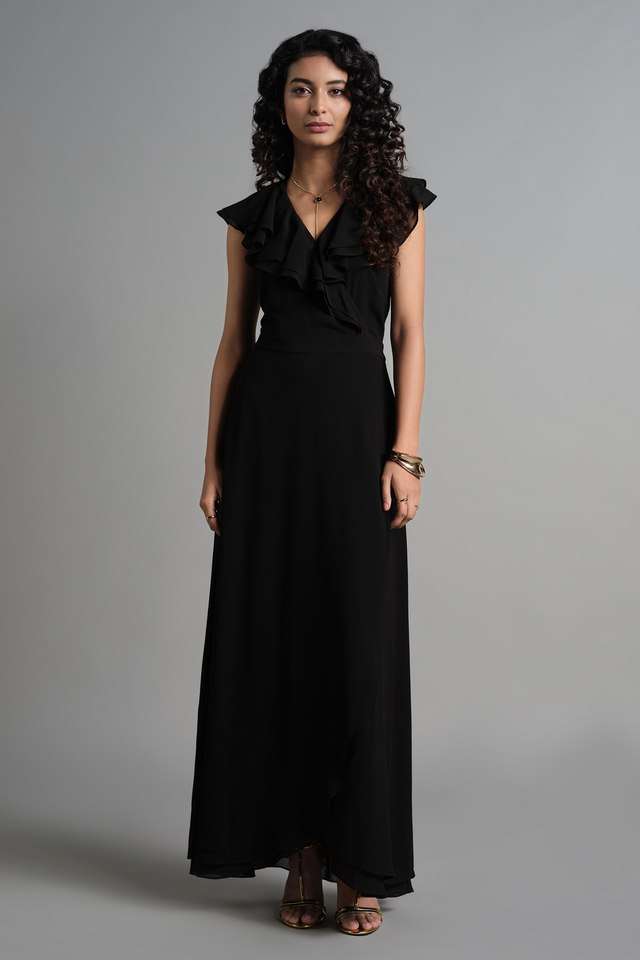 Solid-V-Neck-Polyester-Women-s-Gown
