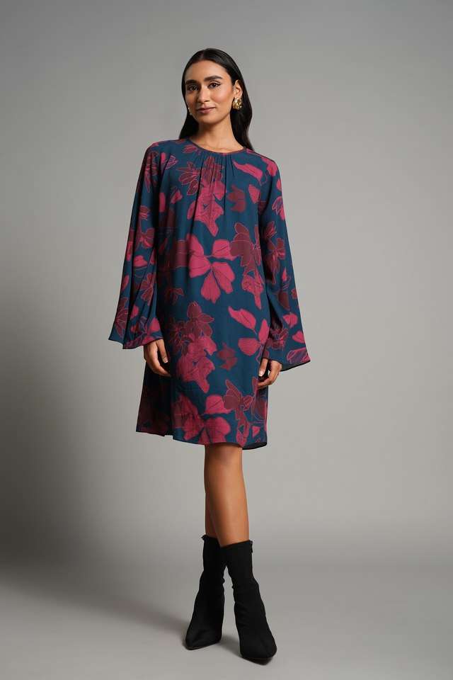 Floral-Round-Neck-Viscose-Women-s-Knee-Length-Dress