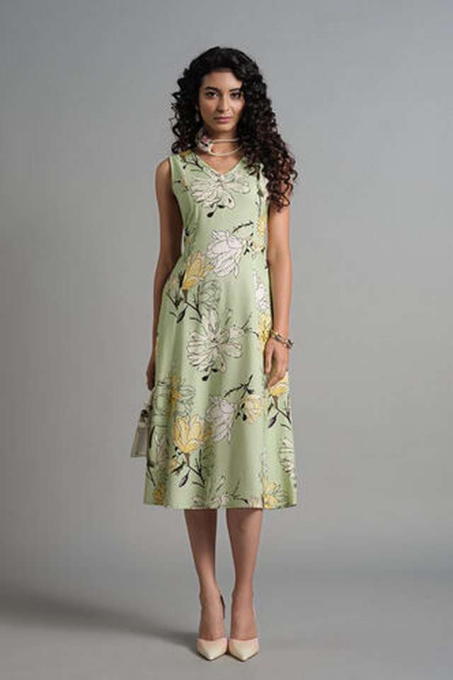 Floral-V-Neck-Viscose-Women-s-Calf-Length-Dress
