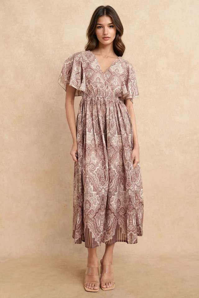 rareism Printed V-Neck Polyester Women's Mid Thigh Dress-picture-32