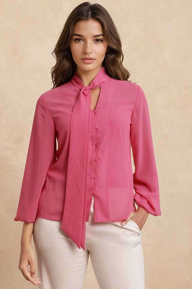 rareism Solid Polyester Tie Up Neck Women's Top-picture-12