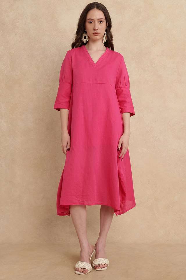rareism Solid V-Neck Linen Blend Women's Mid Thigh Dress-picture-21