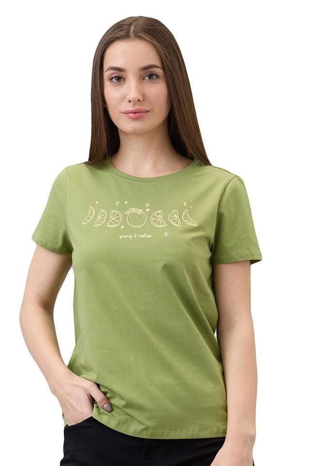Solid-Cotton-Blend-Round-Neck-Women-s-T-Shirt