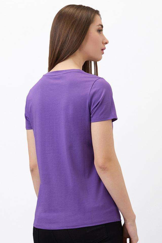 Solid-Cotton-Blend-Round-Neck-Women-s-T-Shirt