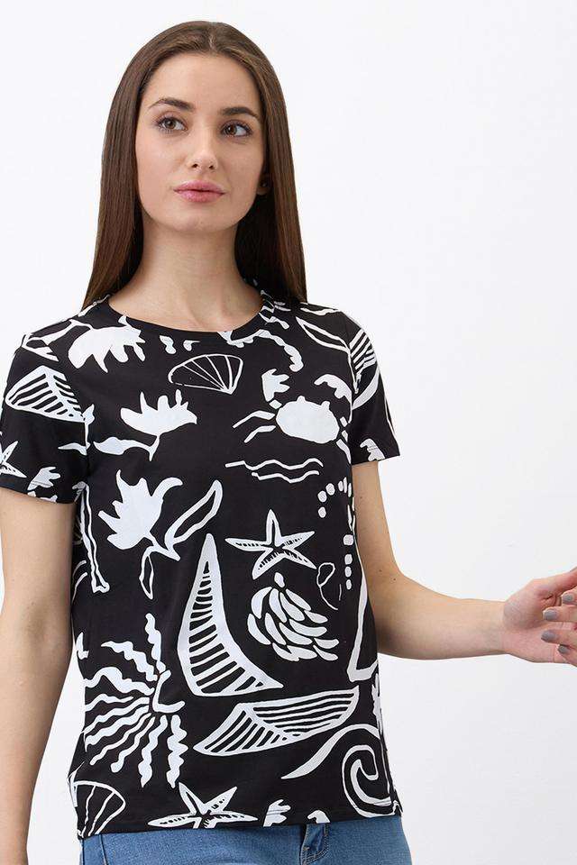 Printed-Cotton-Blend-Round-Neck-Women-s-T-Shirt