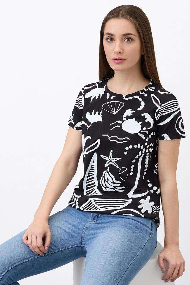 Printed-Cotton-Blend-Round-Neck-Women-s-T-Shirt