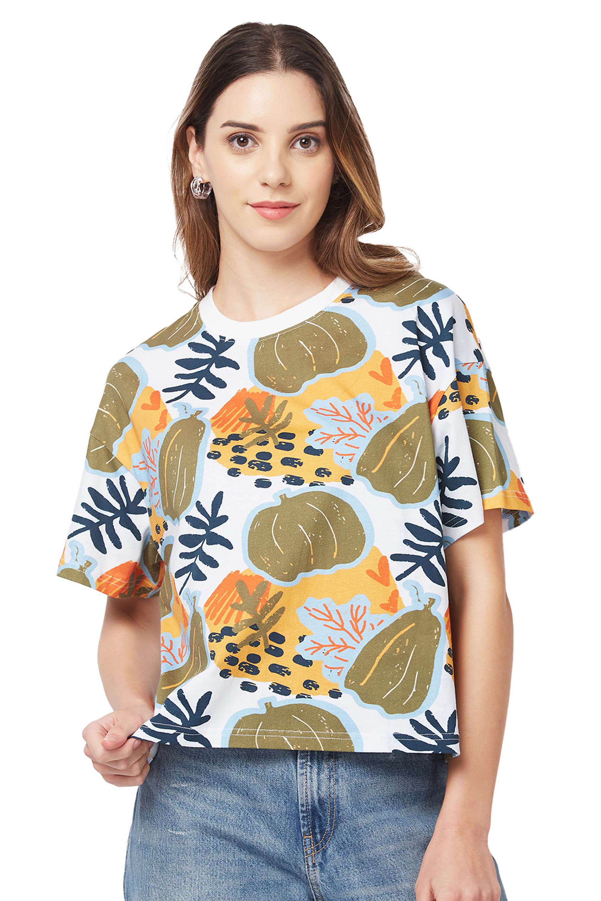 Graphic-Print-Blended-Fabric-Round-Neck-Women-s-T-Shirt